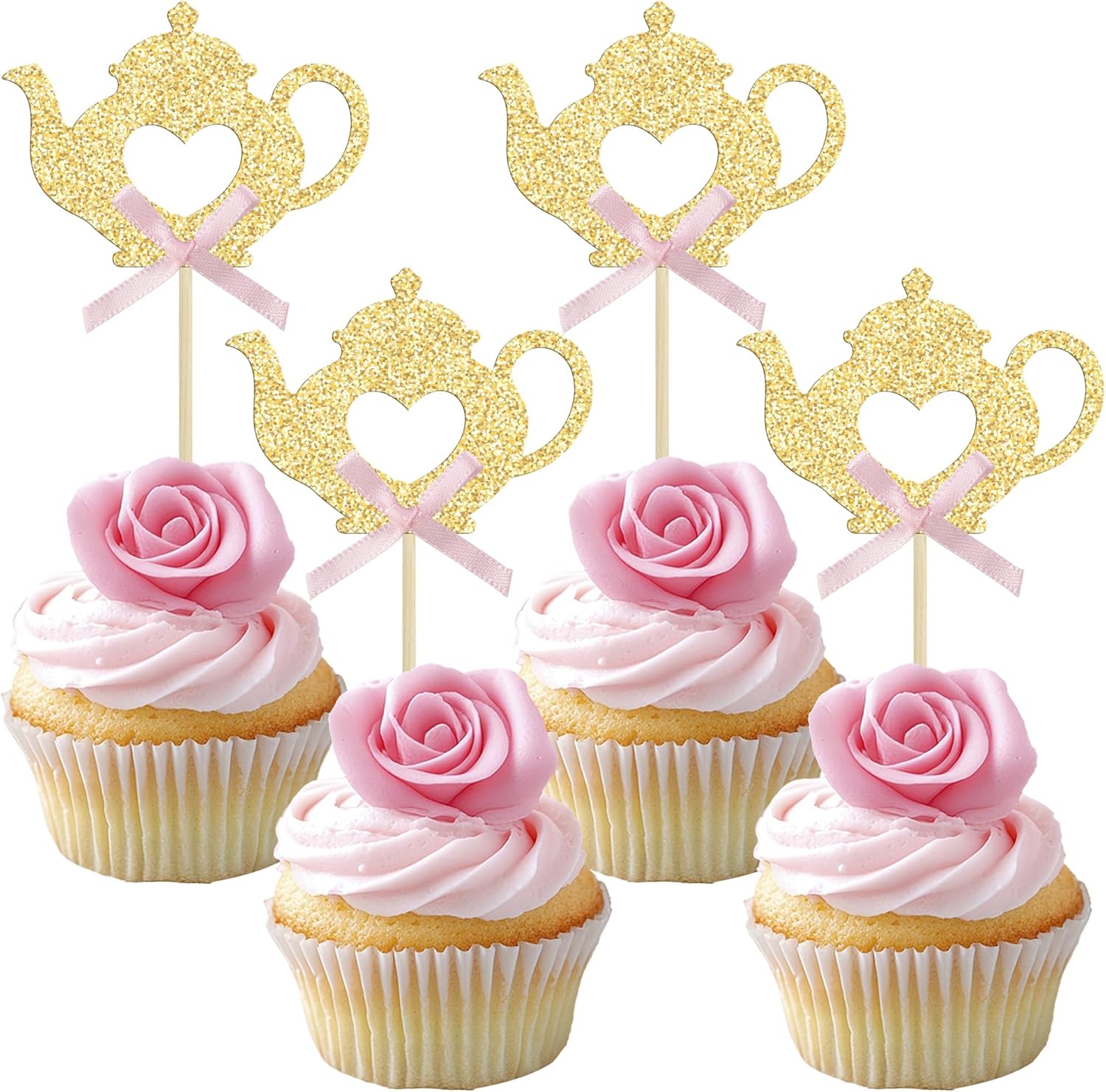 Ephlyn 24Pcs Teapot Cupcake Toppers Bow Floral Tea Time Cupcake Picks Afternoon Tea Party Decorations for Tea Party Theme Baby Shower Wedding Birthday Party Cake Decorations Supplies Pink