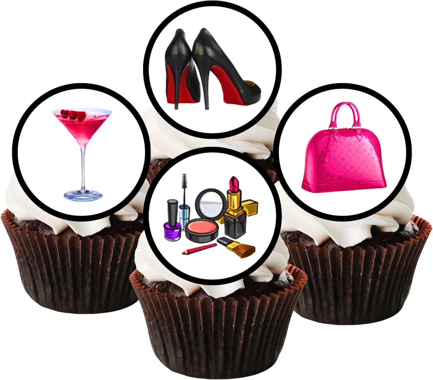 Bag, Shoes & Make Up Edible Cupcake Toppers, Girls Edible Cake Decorations, Pink Cake Decorations for Women, Party Girl Bachelorette Cookie Decor, 48 x 3cm / 1.18 inch UNCUT Discs