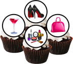 Bag, Shoes & Make Up Edible Cupcake Toppers, Girls Edible Cake Decorations, Pink Cake Decorations for Women, Bachelorette Cookie Decor, 24 x 4cm / 1.5 inch UNCUT Discs