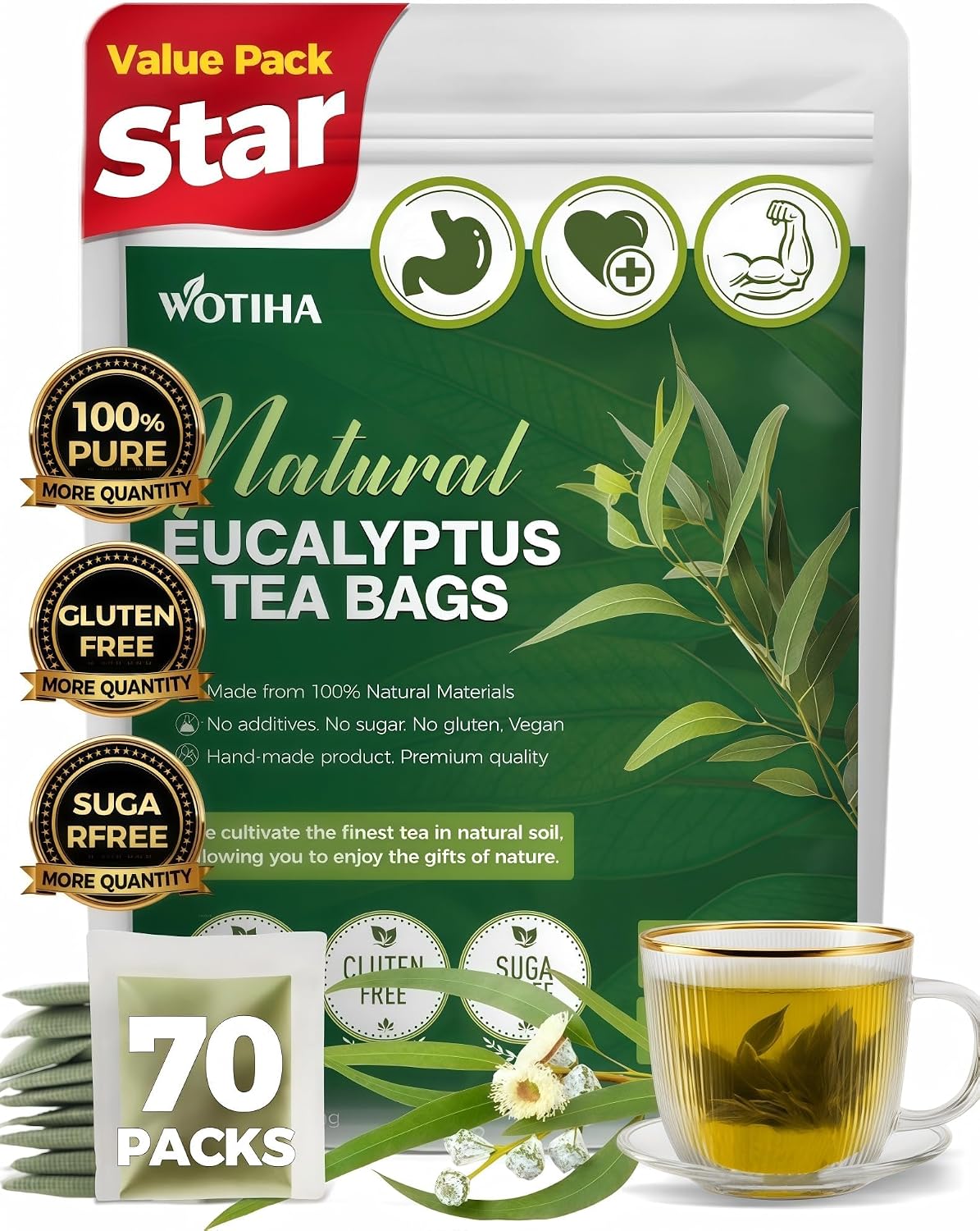 WOTIHA 70 Count Premium Eucalyptus Tea Bags - 100% Natural Eucalyptus Leaves, Boosts Respiratory Health,Non-GMO Caffeine-Free, Additive-Free, Sugar-Free, Vegan