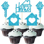 Gyufise 24 Pack Sweet Home Cupcake Toppers House Warming Decorations Welcome New Home Cupcake Picks for Housewarming Party Cake Decorations Light Blue