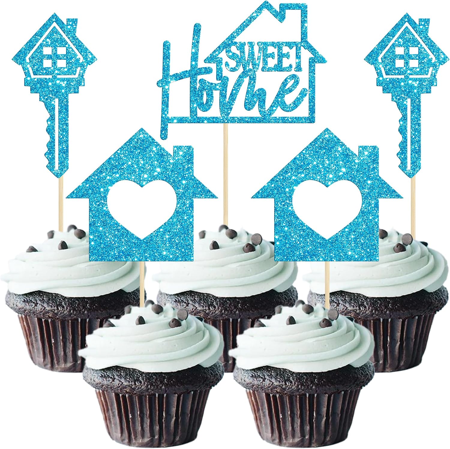 Gyufise 24 Pack Sweet Home Cupcake Toppers House Warming Decorations Welcome New Home Cupcake Picks for Housewarming Party Cake Decorations Light Blue