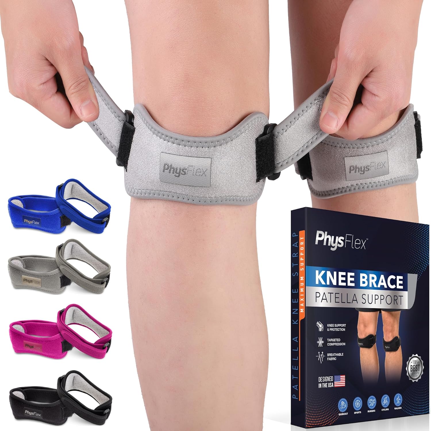 2 Pack Patella Knee Brace - Knee Support and Pain Relief, Running, Hiking, Basketball, Jumpers Knee, Tendonitis, Adjustable Strap Patellar Tendon Stabilizer (Gray)
