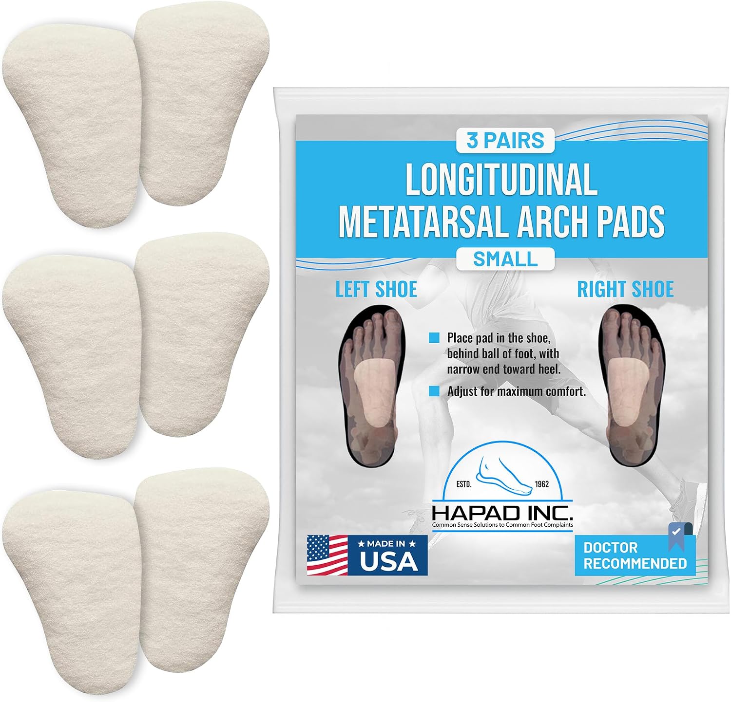 Hapad Metatarsal Pads Small, 3/8 Thick (Pack of 3 Pairs) - Longitudinal Metatarsal Arch Pads Made from 100% Wool Felt for Support, Comfort and Foot Pain Relief