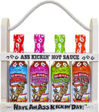 ASS KICKIN' Premium Hot Sauce Bottles Gourmet Gift Set with Wooden Bottle Holder – 5 oz. 4 Pack - Try if you dare! – Perfect Gourmet Christmas Gifts and Stocking Stuffers for the Hot Sauce Fan