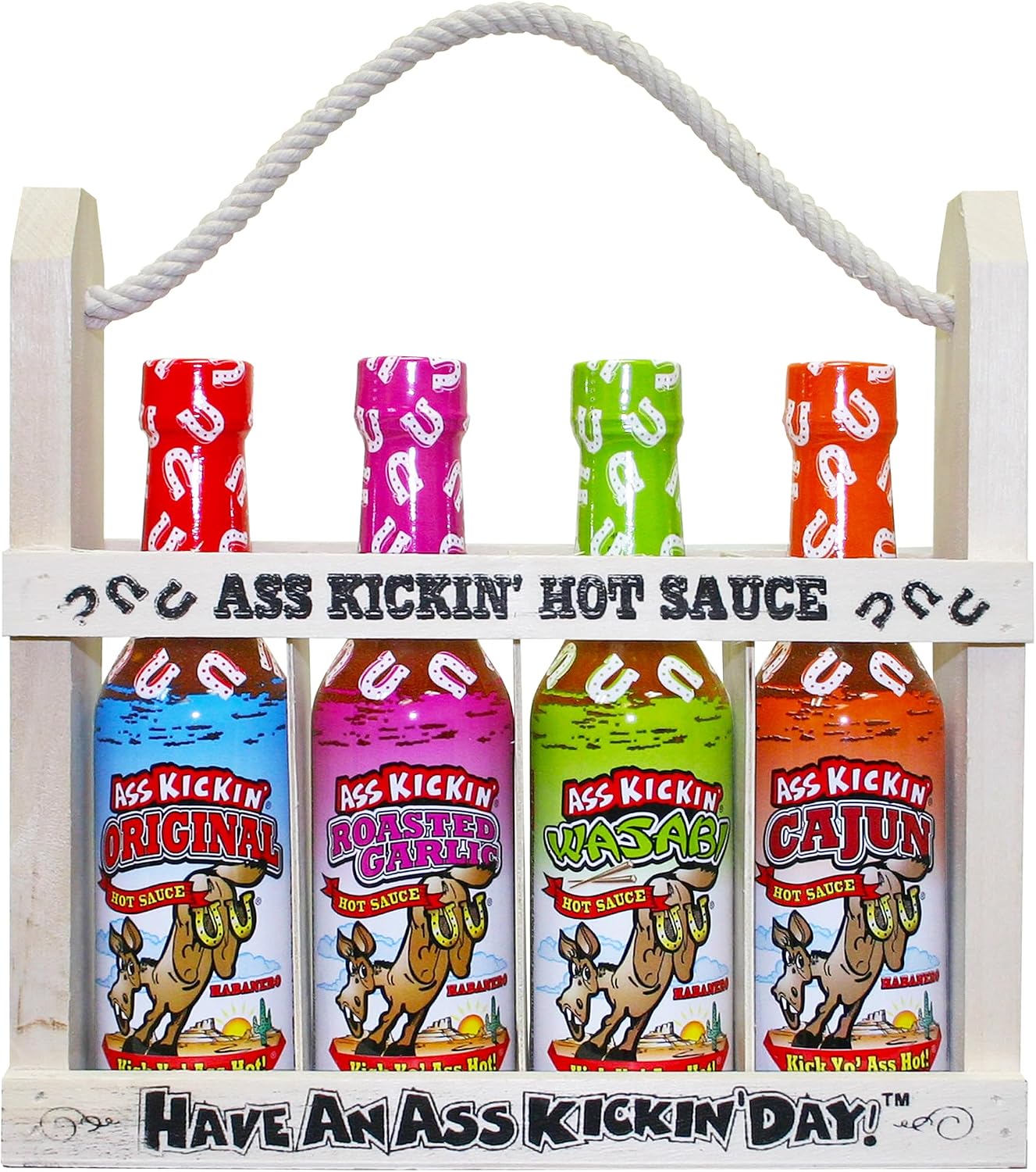 ASS KICKIN' Premium Hot Sauce Bottles Gourmet Gift Set with Wooden Bottle Holder – 5 oz. 4 Pack - Try if you dare! – Perfect Gourmet Christmas Gifts and Stocking Stuffers for the Hot Sauce Fan