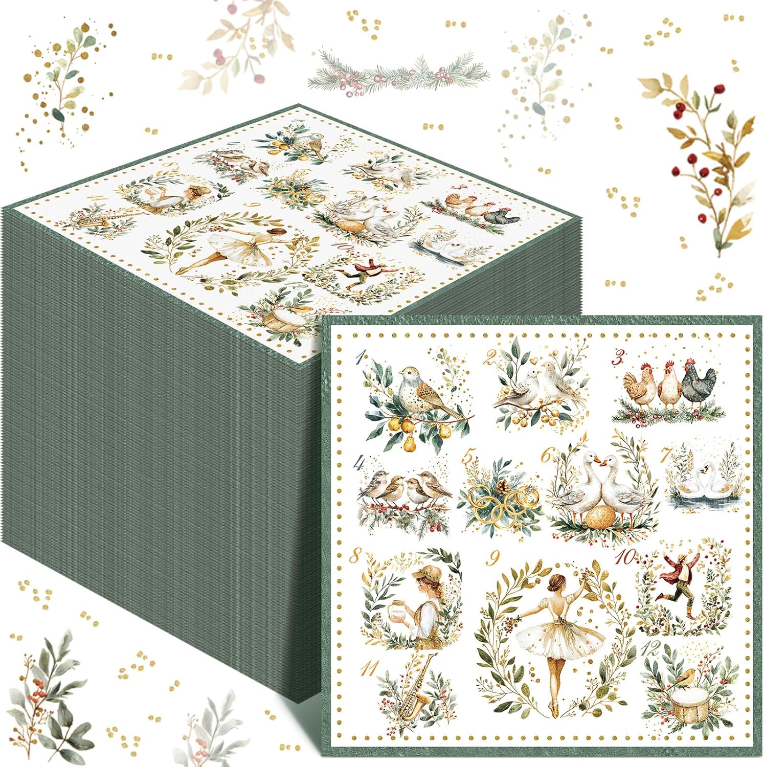 100 Pcs 12 Days of Christmas Napkins 2 Ply Decoupage Winter Holiday Cocktail Paper Napkin 5 x 5 Inch Partridge French Hens Gold Rings Disposable Hand Towel for Christmas Table Party Supplies(Green)