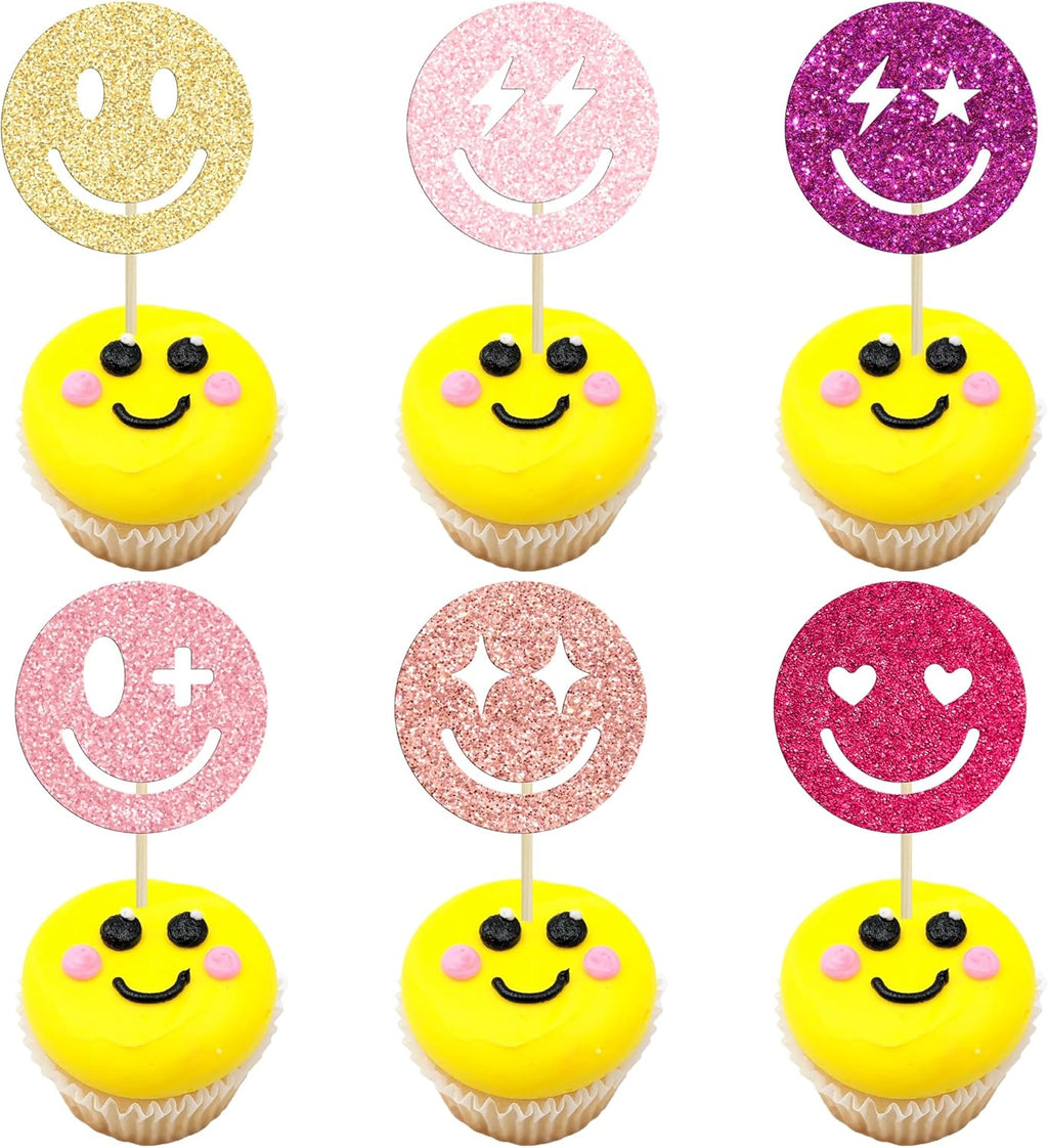 Gyufise 24Pcs Preppy Smile Face Cupcake Toppers Colorful Glitter Star Lightning Y2k 2000s Pink Party Bachelorette Cupcake Picks for Preppy Y2k Theme Bachelorette Birthday Party Cake Supplies