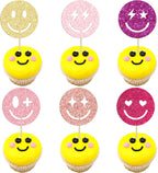 Gyufise 24Pcs Preppy Smile Face Cupcake Toppers Colorful Glitter Star Lightning Y2k 2000s Pink Party Bachelorette Cupcake Picks for Preppy Y2k Theme Bachelorette Birthday Party Cake Supplies