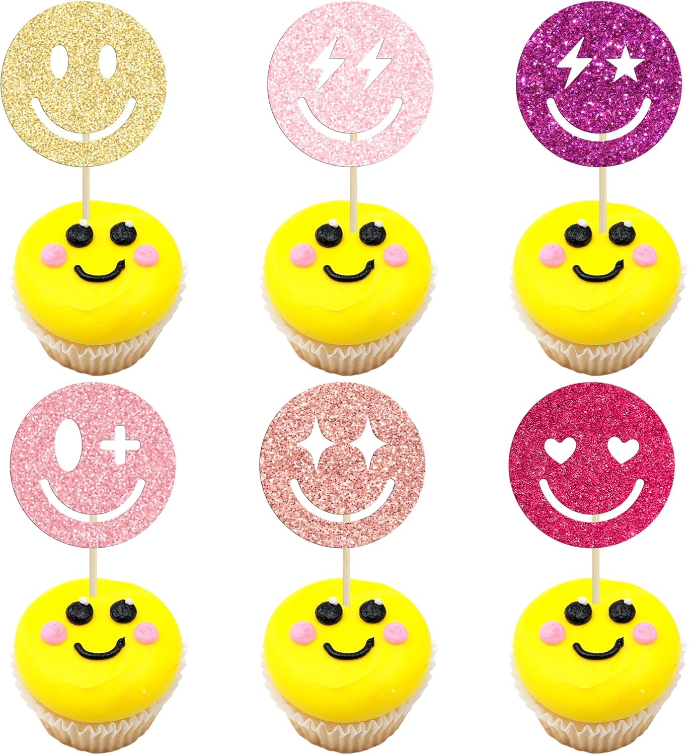 Gyufise 24Pcs Preppy Smile Face Cupcake Toppers Colorful Glitter Star Lightning Y2k 2000s Pink Party Bachelorette Cupcake Picks for Preppy Y2k Theme Bachelorette Birthday Party Cake Supplies