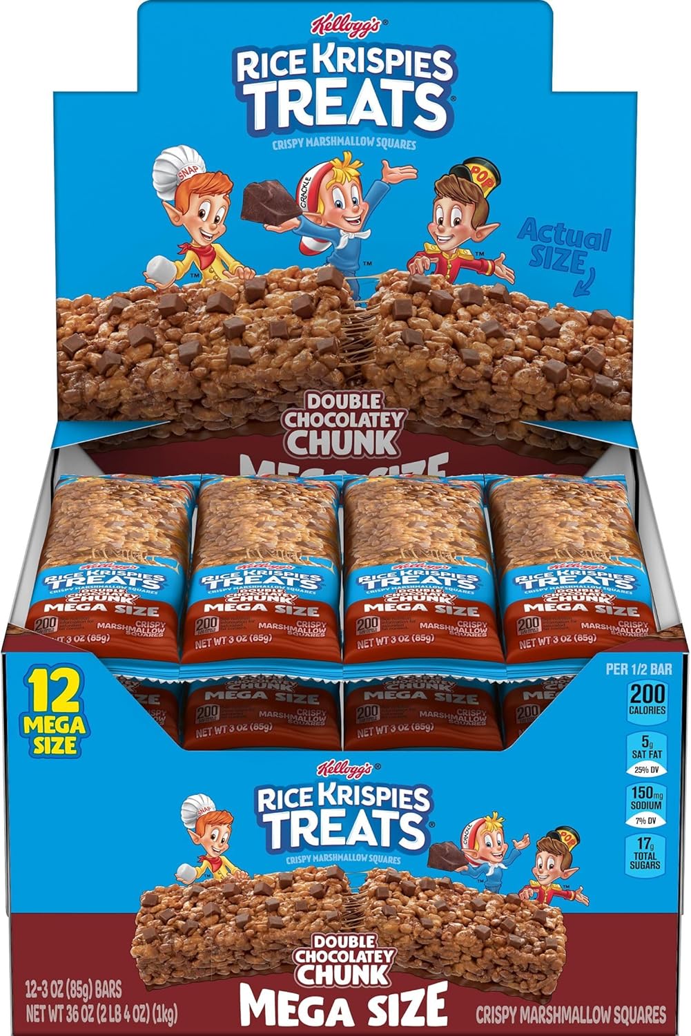 Rice Krispies Treats Mega Bars Large Marshmallow Snack Bars, Kids Snacks, Double Chocolatey Chunk, 36oz Box (12 Count)
