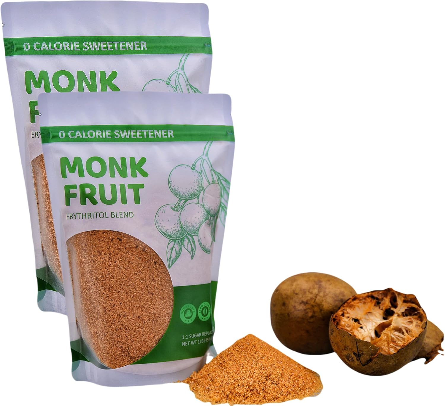 Monk Fruit Sweetener Granules, 2 Pack (1LB Each) - 1:1 Sugar Replacement, 0 Calorie Sweetener, Erythritol Blend - Healthier Than Sugar for Baking, Coffee, and Cooking