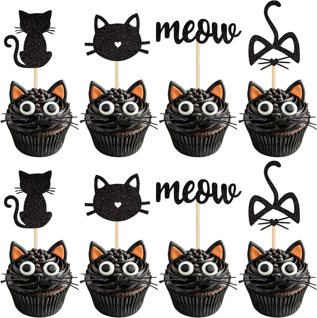 24 Pack Cat and Meow Cupcake Toppers Black Glitter Kitten Cat Cupcake Food Picks Cat Lover Kitten Theme Baby Shower Kids Birthday Wedding Party Cake Decorations Supplies