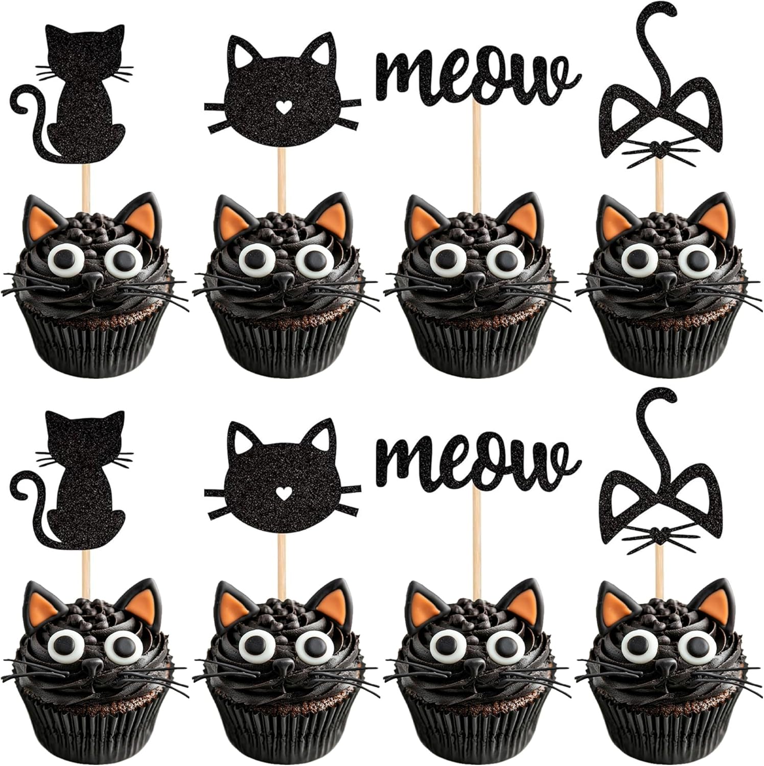 24 Pack Cat and Meow Cupcake Toppers Black Glitter Kitten Cat Cupcake Food Picks Cat Lover Kitten Theme Baby Shower Kids Birthday Wedding Party Cake Decorations Supplies