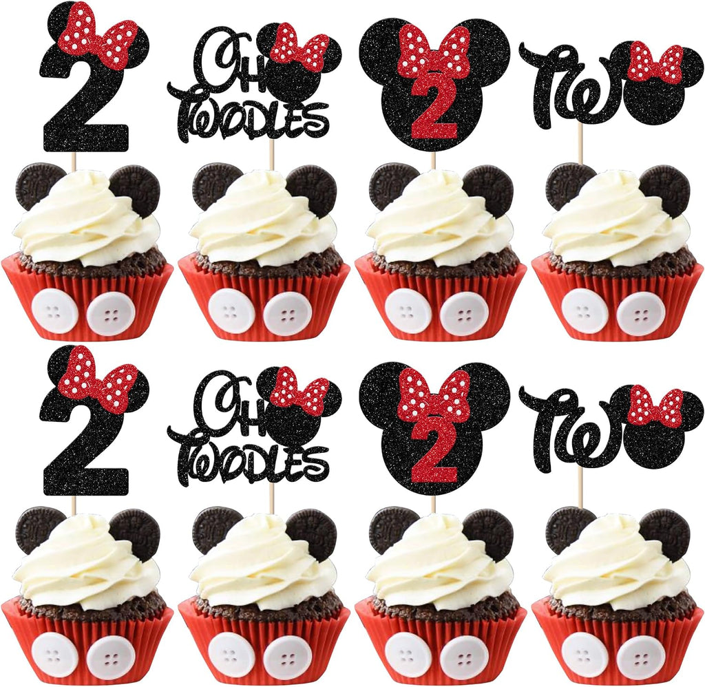 Rsstarxi 24 Pack 2nd Birthday Mouse Inspired Cupcake Toppers, Second Birthday Party Decorations Red Bow Two Oldes Mini Cupcake Picks for Baby Shower 2nd Birthday Party Cake Decorations