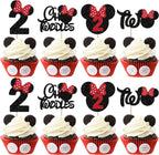 Rsstarxi 24 Pack 2nd Birthday Mouse Inspired Cupcake Toppers, Second Birthday Party Decorations Red Bow Two Oldes Mini Cupcake Picks for Baby Shower 2nd Birthday Party Cake Decorations