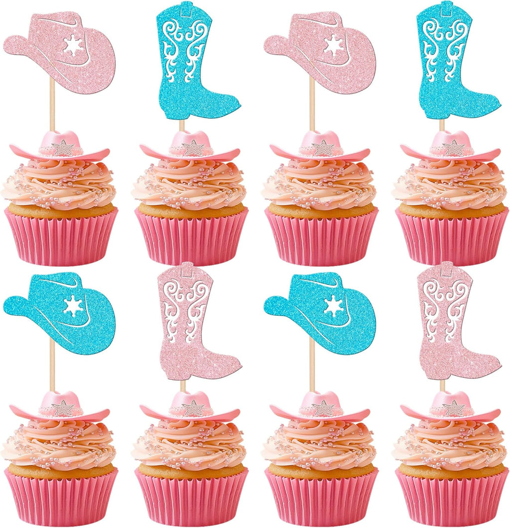 24 PCS Hats or Boots Cupcake Toppers Boy or Girl Cupcake Picks Cowboy Party Decorations for Gender Reveal Theme Baby Shower Boys Girls Birthday Party Cake Decorations Supplies Blue and Pink