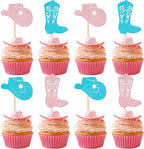 24 PCS Hats or Boots Cupcake Toppers Boy or Girl Cupcake Picks Cowboy Party Decorations for Gender Reveal Theme Baby Shower Boys Girls Birthday Party Cake Decorations Supplies Blue and Pink