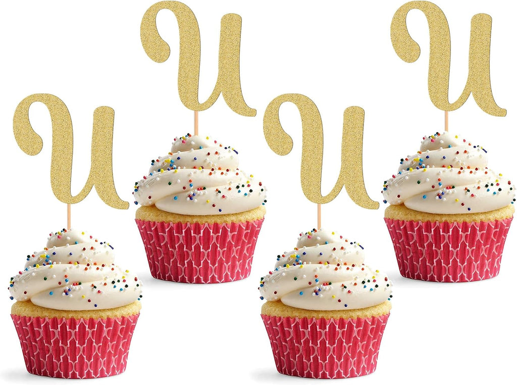 26 letter Cupcake Topper - 24 Pack Glitter Gold letter U Cupcake Decorations, Suitable for Birthday Party, Wedding Anniversary or Photo Booth Props (U)