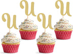 26 letter Cupcake Topper - 24 Pack Glitter Gold letter U Cupcake Decorations, Suitable for Birthday Party, Wedding Anniversary or Photo Booth Props (U)