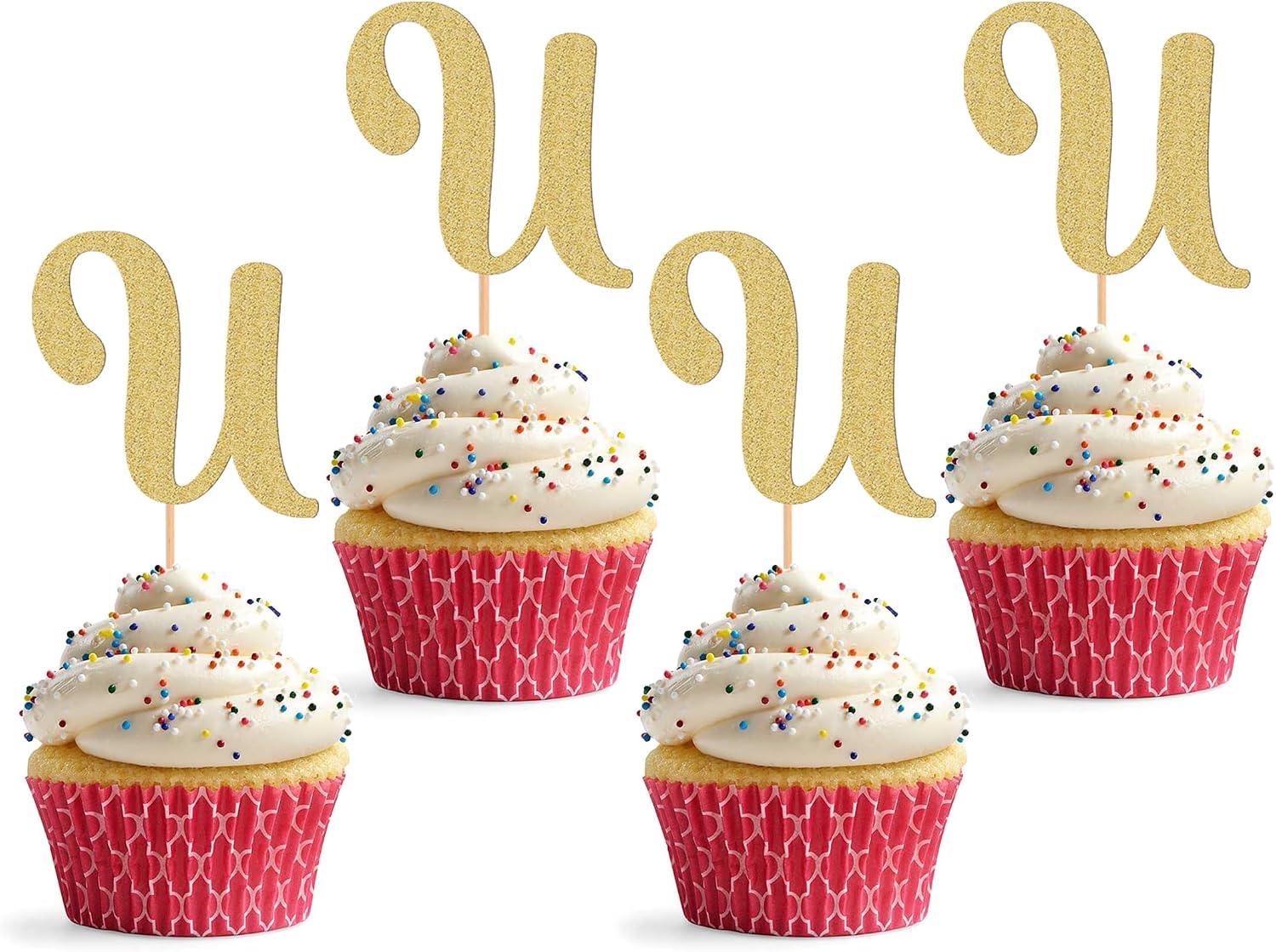 26 letter Cupcake Topper - 24 Pack Glitter Gold letter U Cupcake Decorations, Suitable for Birthday Party, Wedding Anniversary or Photo Booth Props (U)