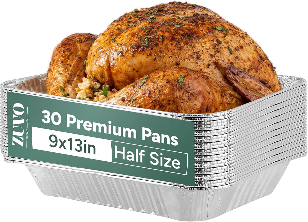Zuvo 9x13 Aluminum Foil Pans (30 Pack) - Disposable Half Size Deep Steam Table Pans, Heavy Duty Tin Foil Trays for Roasting Turkey, Lasagna, Casseroles - Thanksgiving, Christmas, BBQ, Catering