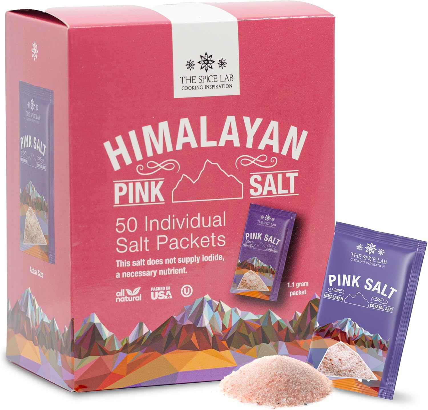 The Spice Lab Himalayan Pink Salt - Fine - 50 Salt Packets- Gourmet Pure Crystal - Pink Himalayan Salt is Nutrient and Mineral Dense for Health - Kosher & Natural Certified