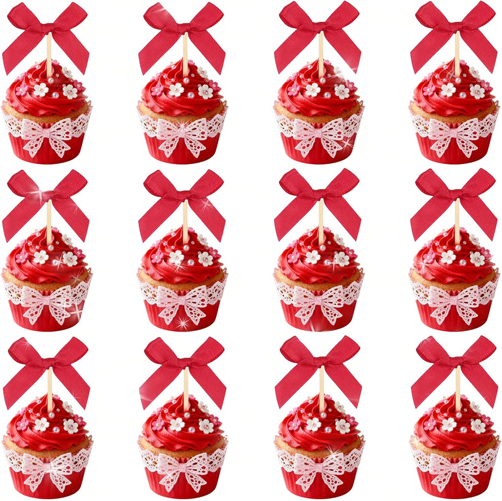 24Pcs Red Bow Cupcake Toppers Coquette Bows Cupcake Picks for Birthday Wedding Party Decor Red Ribbon Bowknot Cupcake Decorations Bridal Baby Shower Party Supplies