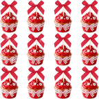 24Pcs Red Bow Cupcake Toppers Coquette Bows Cupcake Picks for Birthday Wedding Party Decor Red Ribbon Bowknot Cupcake Decorations Bridal Baby Shower Party Supplies