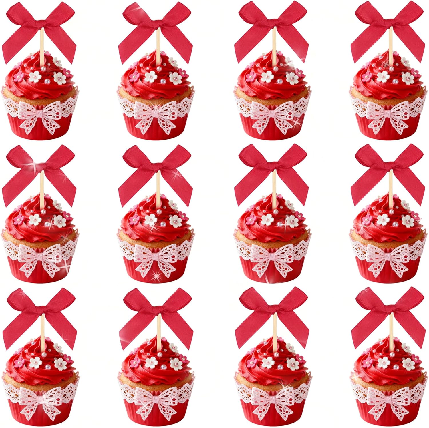 24Pcs Red Bow Cupcake Toppers Coquette Bows Cupcake Picks for Birthday Wedding Party Decor Red Ribbon Bowknot Cupcake Decorations Bridal Baby Shower Party Supplies