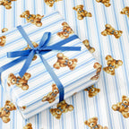 FYSUIMU 6 Sheets Bear Wrapping Paper - Not Roll - Blue Bow Stripe Brown Bear Gift Wrap Paper Folded Flat for Baby Shower Birthday DIY Crafts, 19.7 x 27.6 Inch