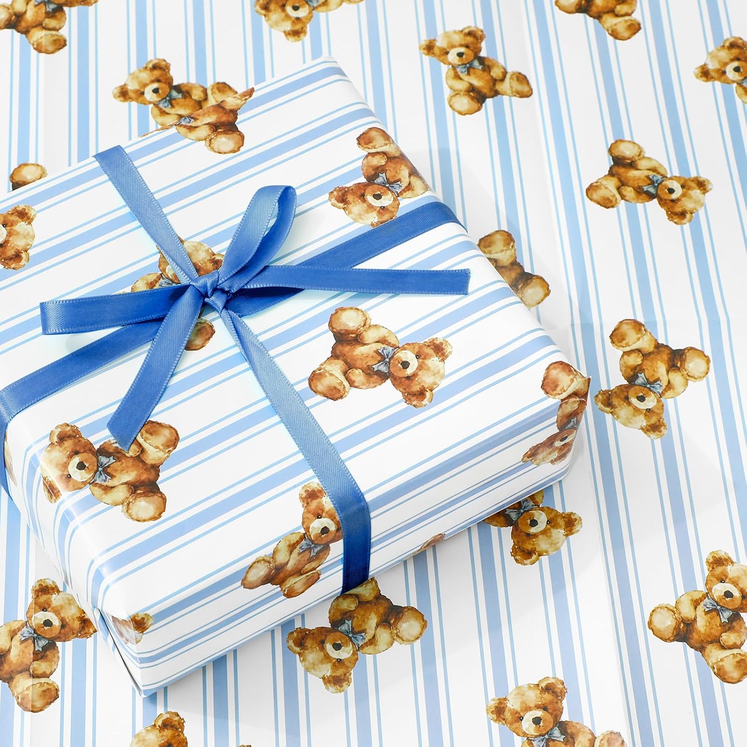 FYSUIMU 6 Sheets Bear Wrapping Paper - Not Roll - Blue Bow Stripe Brown Bear Gift Wrap Paper Folded Flat for Baby Shower Birthday DIY Crafts, 19.7 x 27.6 Inch