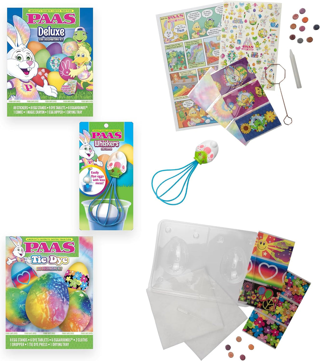 PAAS Easter Egg Decorating Bundle, Includes 1 Deluxe Kit, 1 Tie Dye Egg Dying Kit, and PAAS Whiskers for Easy Egg Dying, Food Safe Dye for Family Easter Activity (3 Piece Bundle)