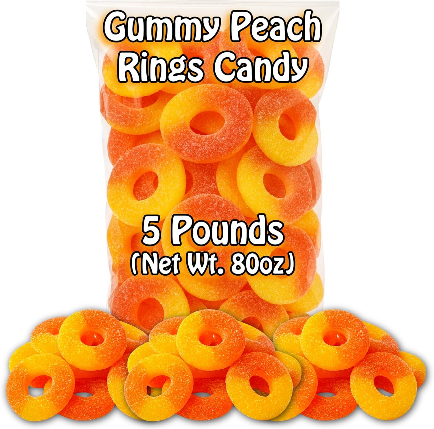Peach Rings Gummy Candy (5 Pound Bag) 80oz. Bulk Chewy Authentic Taste Gourmet Candies