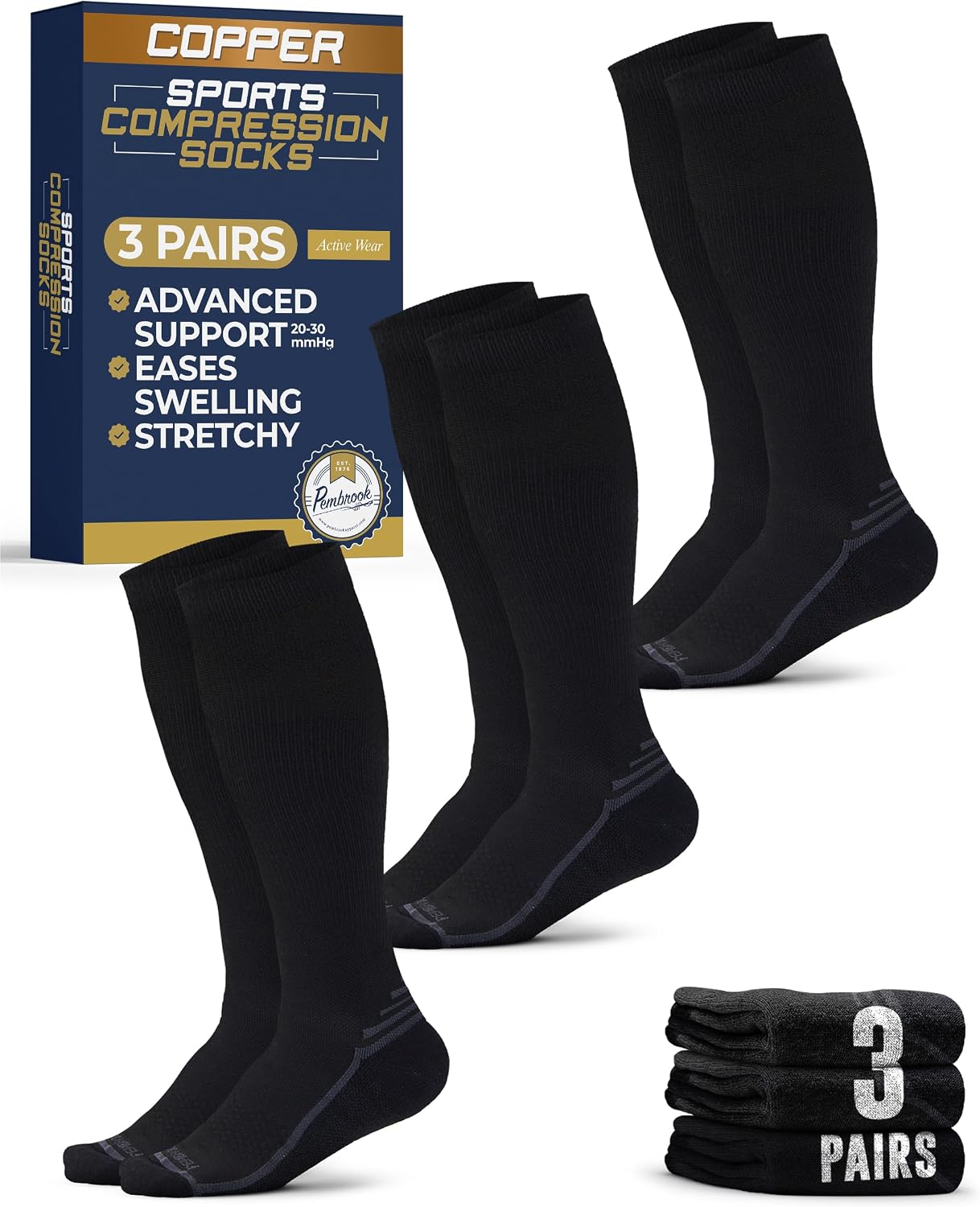 Pembrook 3 Pairs Copper Mens Compression Socks 20-30 mmHg, Running, Hiking, Athletic Cycling, Travel | Circulation Support