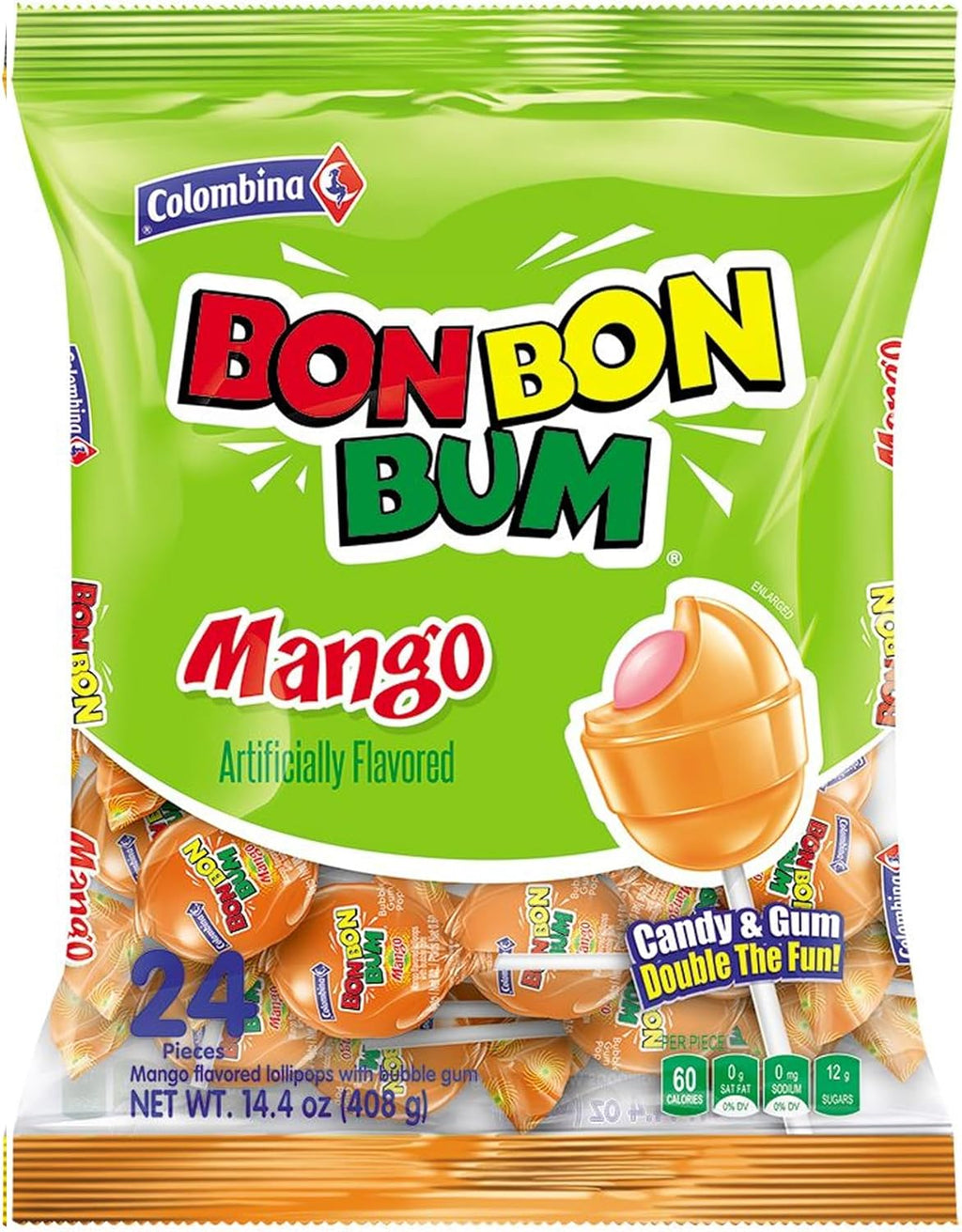 Colombina Bon Bon Bum Lollipops Mango Flavor, 24 Count (Pack of 1)