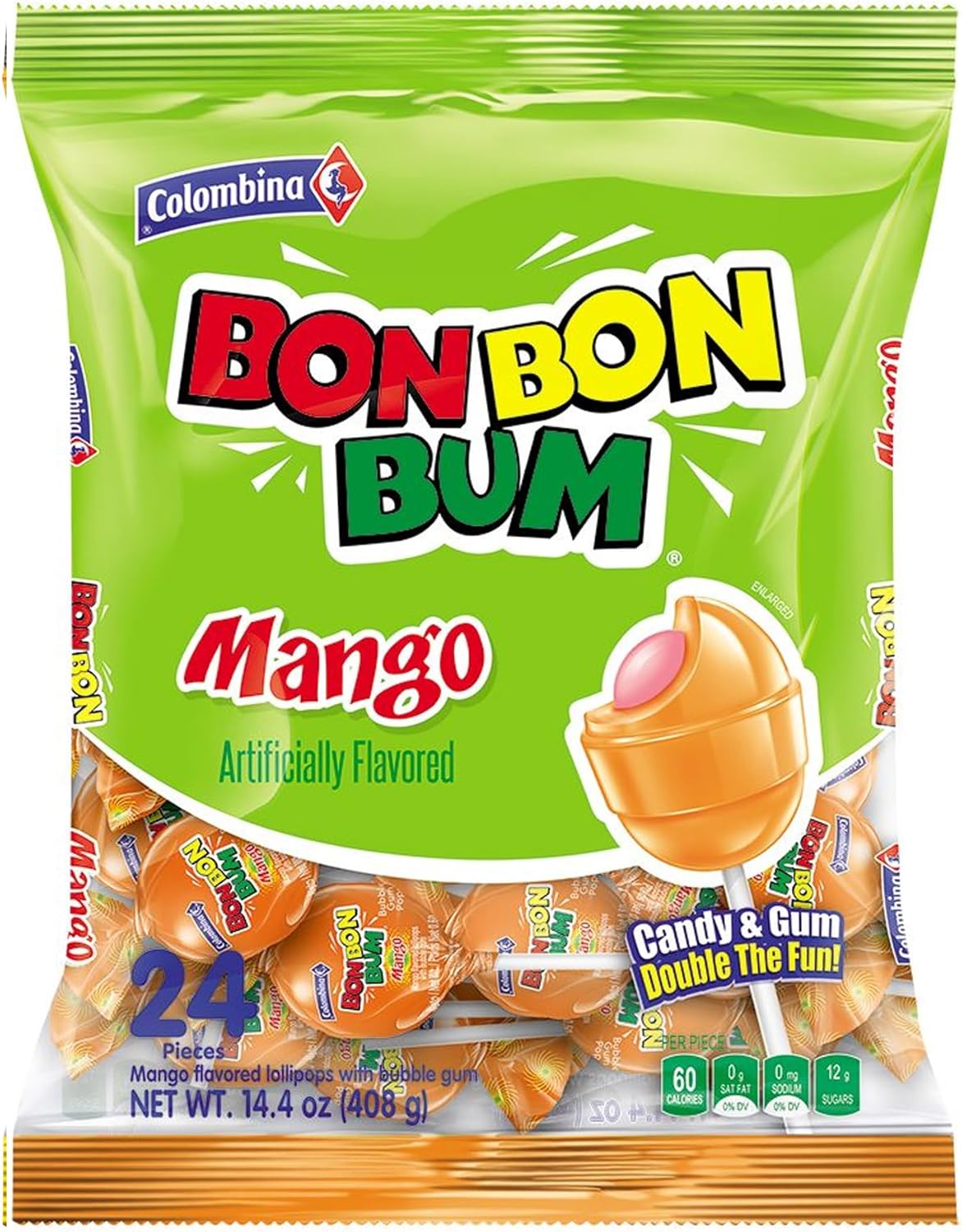 Colombina Bon Bon Bum Lollipops Mango Flavor, 24 Count (Pack of 1)