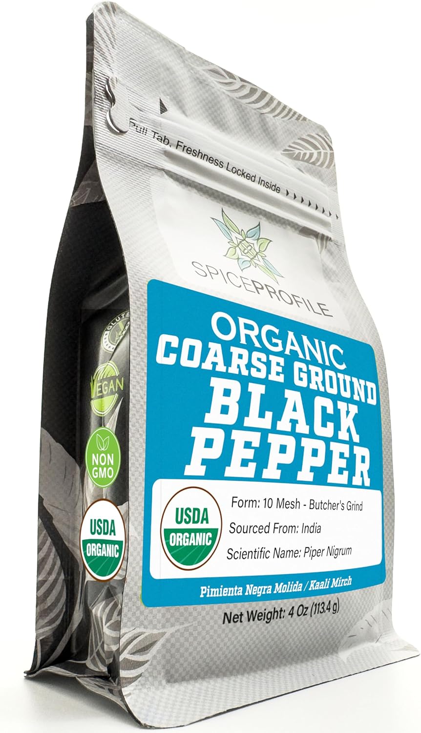 Spice Profile USDA Organic Coarse Ground Black Pepper, Lab Tested for Heavy Metals, Resealable 4 oz Pouch, Kaali Mirch, Pimienta Negra Molida