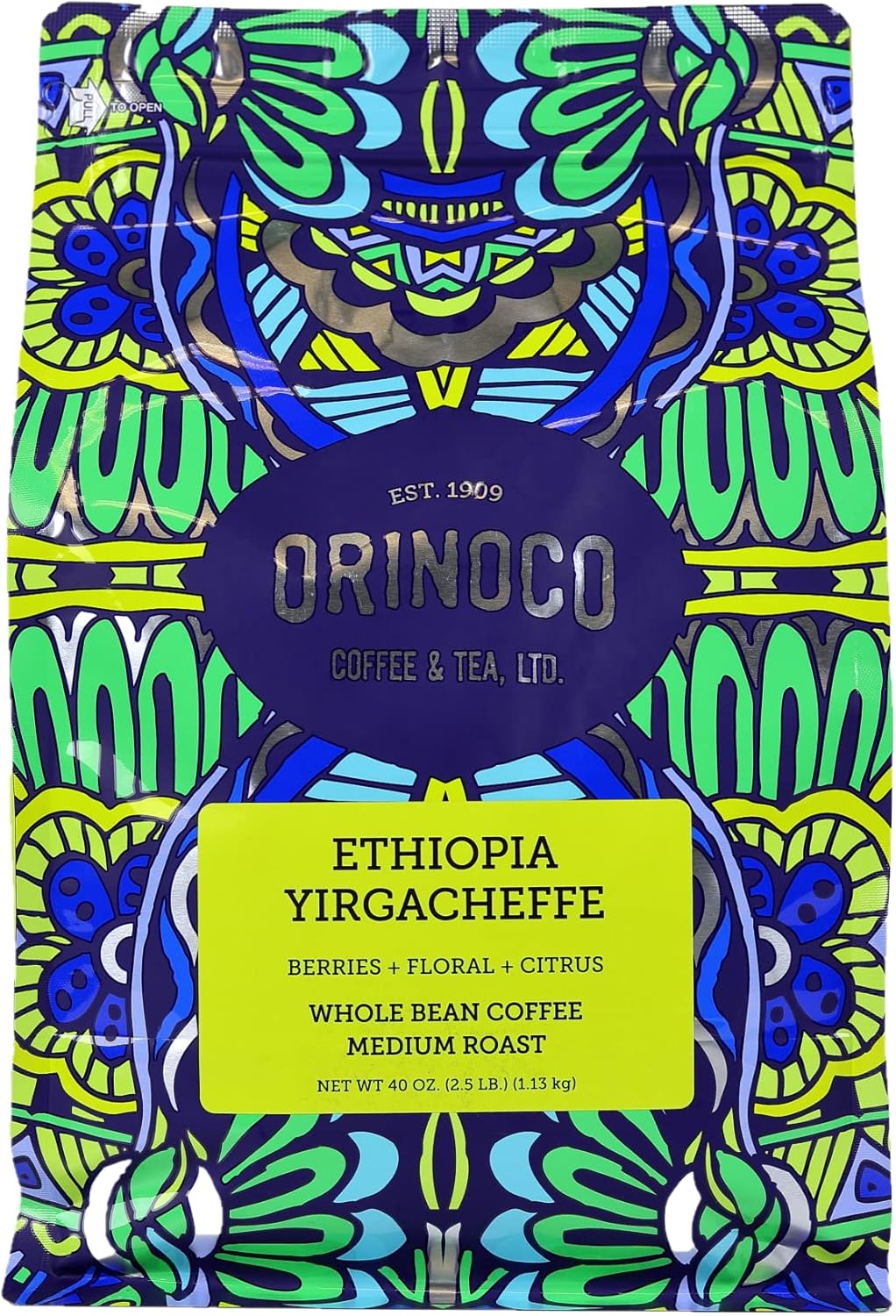 Orinoco Ethiopian Yirgacheffe 2.5lb bag, Medium Roast, Whole Bean Coffee, 100% Arabica beans