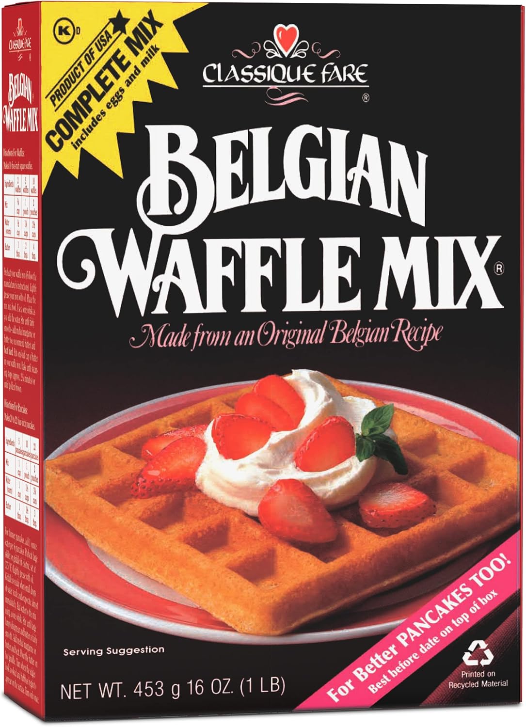 Classique Fare Belgian Waffle Mix - Makes Light and Crisp Waffles, Pancakes, Muffins & Crepes - Works with Waffle Maker - Fast and Fresh Breakfast Foods - 16 Oz Box
