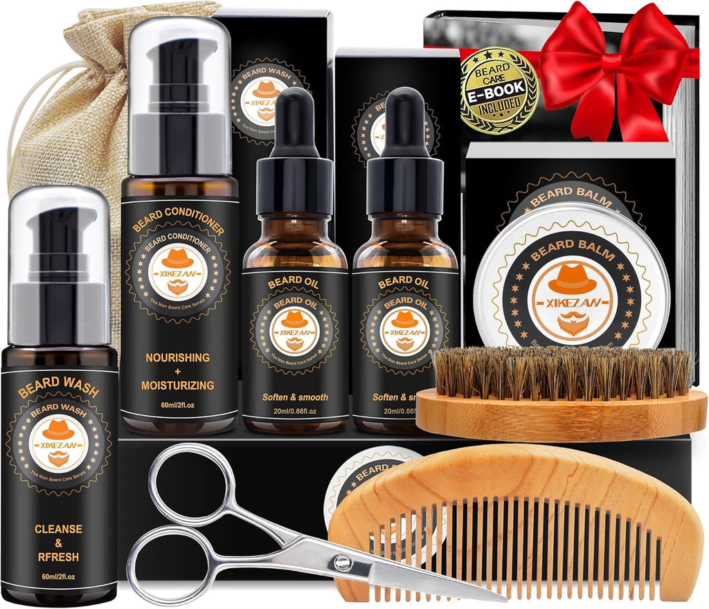 XIKEZAN Mens Gifts, Beard Grooming Kit with Sweet Orange Beard Wash,Oil, Conditioner,Balm,Brush,Comb,Cool Mens Christmas Secret Santa Gifts for Dad Husband Grandpa Boyfriend Him Stocking Stuffers
