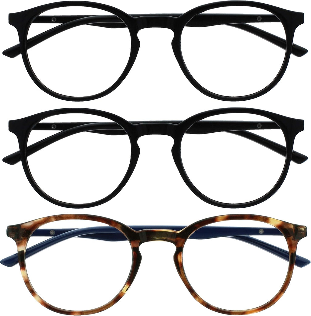 OPULIZE MET Blue Light Blocking Reading Glasses for Women Men, Slim Round Frame with Scratch Resistant and Spring Hinges, Computer Glasses with Anti-Reflective, Black,Brown +2.5 (Pack of 3)