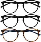 OPULIZE MET Blue Light Blocking Reading Glasses for Women Men, Slim Round Frame with Scratch Resistant and Spring Hinges, Computer Glasses with Anti-Reflective, Black,Brown +2.5 (Pack of 3)