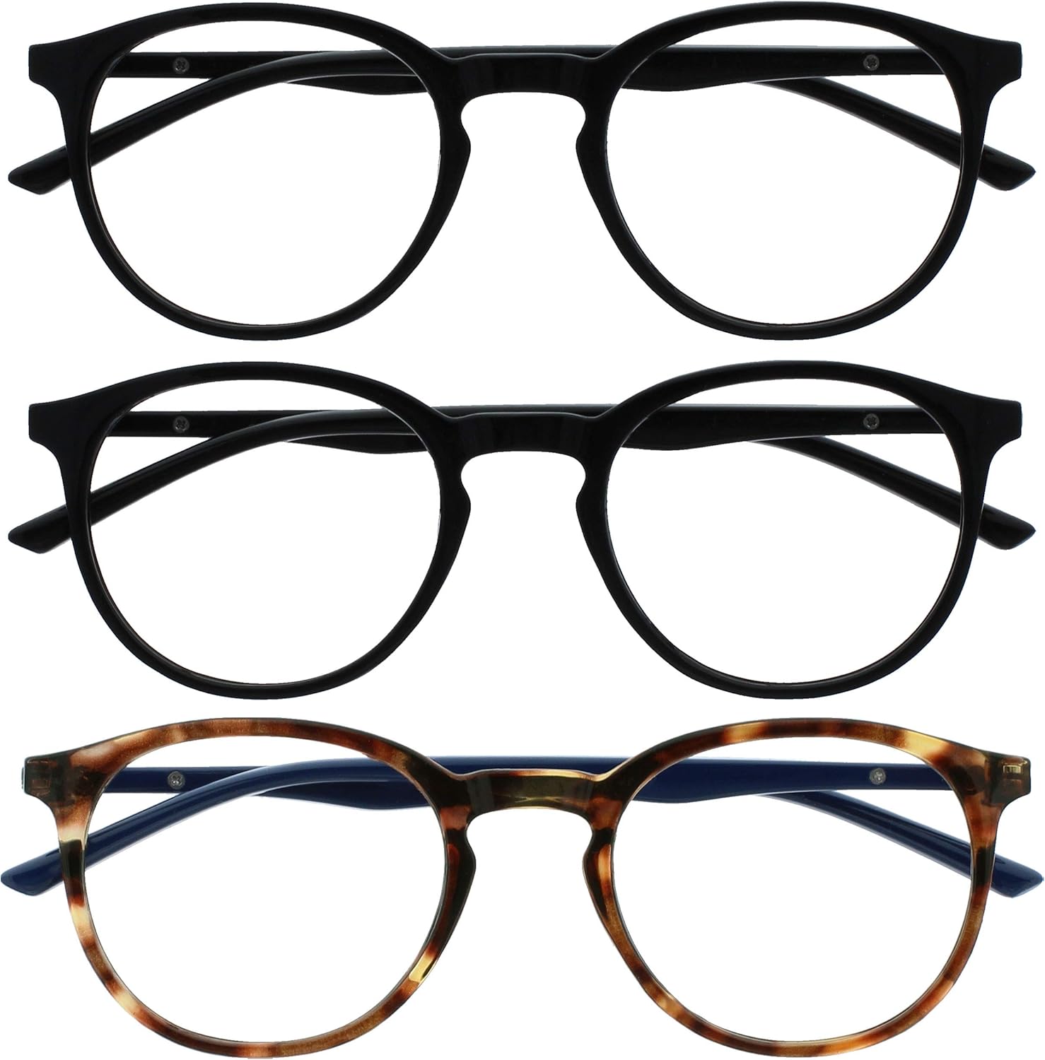 OPULIZE MET Blue Light Blocking Reading Glasses for Women Men, Slim Round Frame with Scratch Resistant and Spring Hinges, Computer Glasses with Anti-Reflective, Black,Brown +2.5 (Pack of 3)