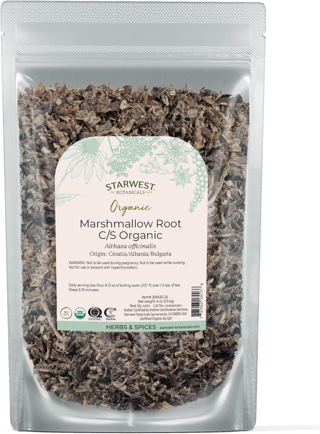 Starwest Botanicals Organic Marshmallow Root - Dried Herb for Tea, Loose Leaf Root Herb, Cut & Sifted, Certified Kosher, Non-GMO - 4 oz Pouch