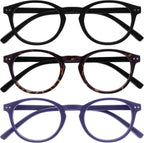 OPULIZE ZEN Reading glasses for Women Men,Scratch Resistant Round frame with Spring Hinges, Black,Dark Brown,Purple +2.5 (Pack of 3)