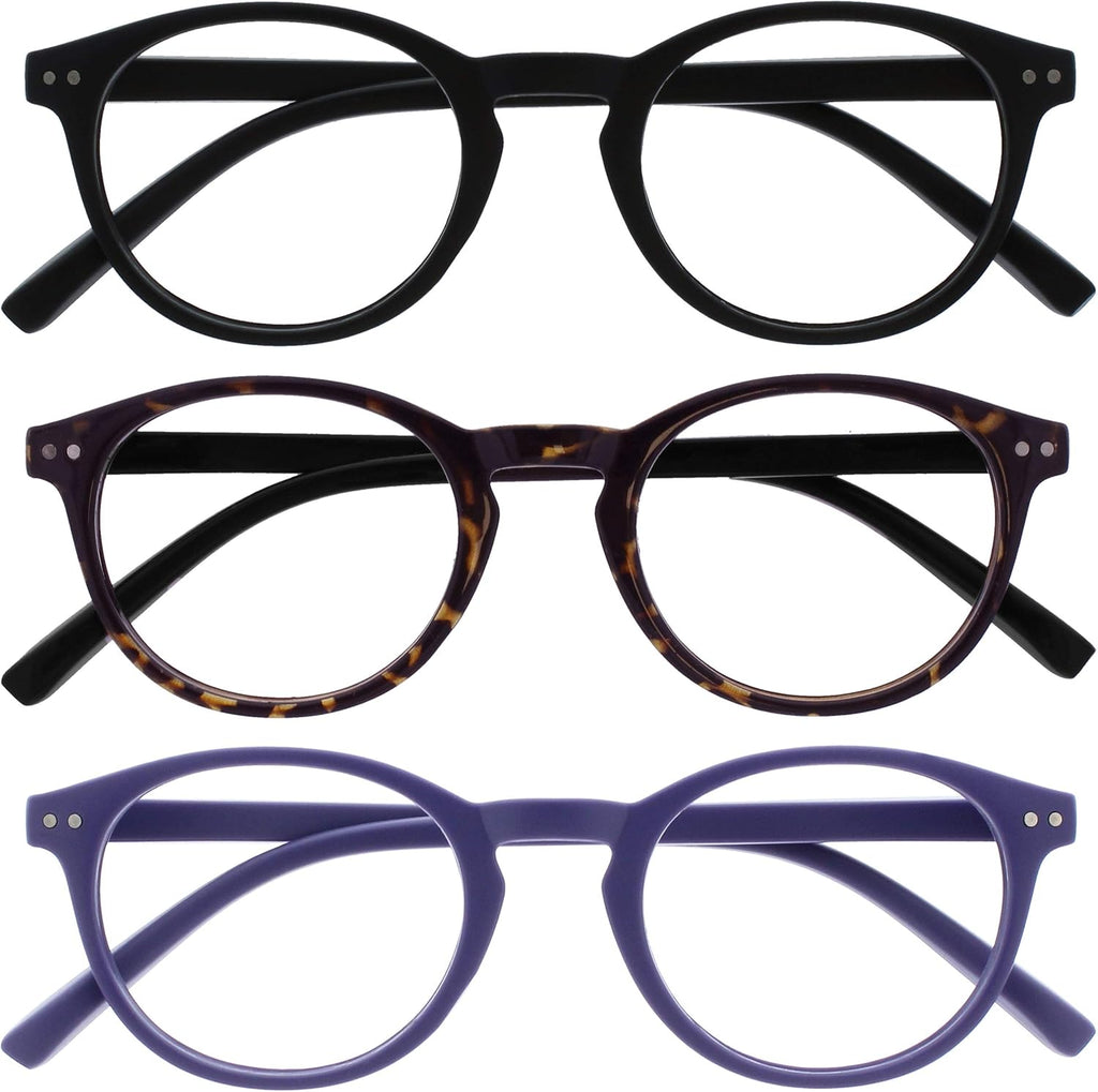 OPULIZE ZEN Reading glasses for Women Men,Scratch Resistant Round frame with Spring Hinges, Black,Dark Brown,Purple +1.5 (Pack of 3)