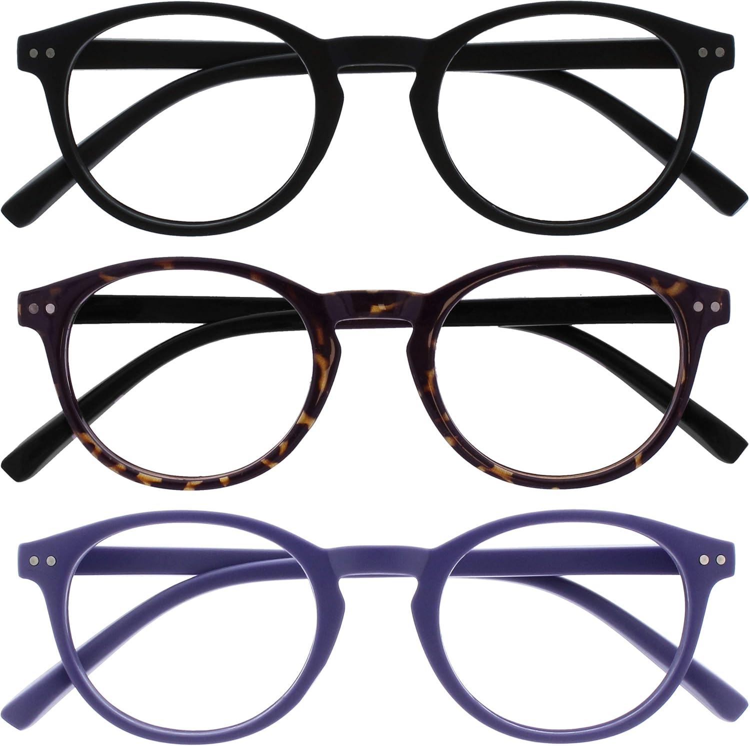 OPULIZE ZEN Reading glasses for Women Men,Scratch Resistant Round frame with Spring Hinges, Black,Dark Brown,Purple +1.5 (Pack of 3)