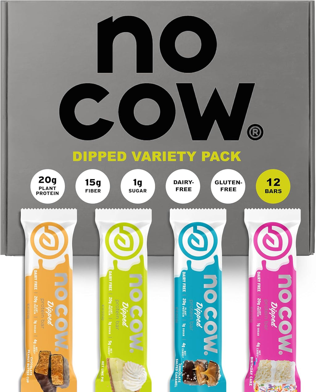 No Cow High Protein Bars, Dipped Variety Pack - Healthy Snack, 20g Vegan Protein, High Fiber, Low Sugar, Keto Friendly, Dairy & Gluten Free (12 Count)