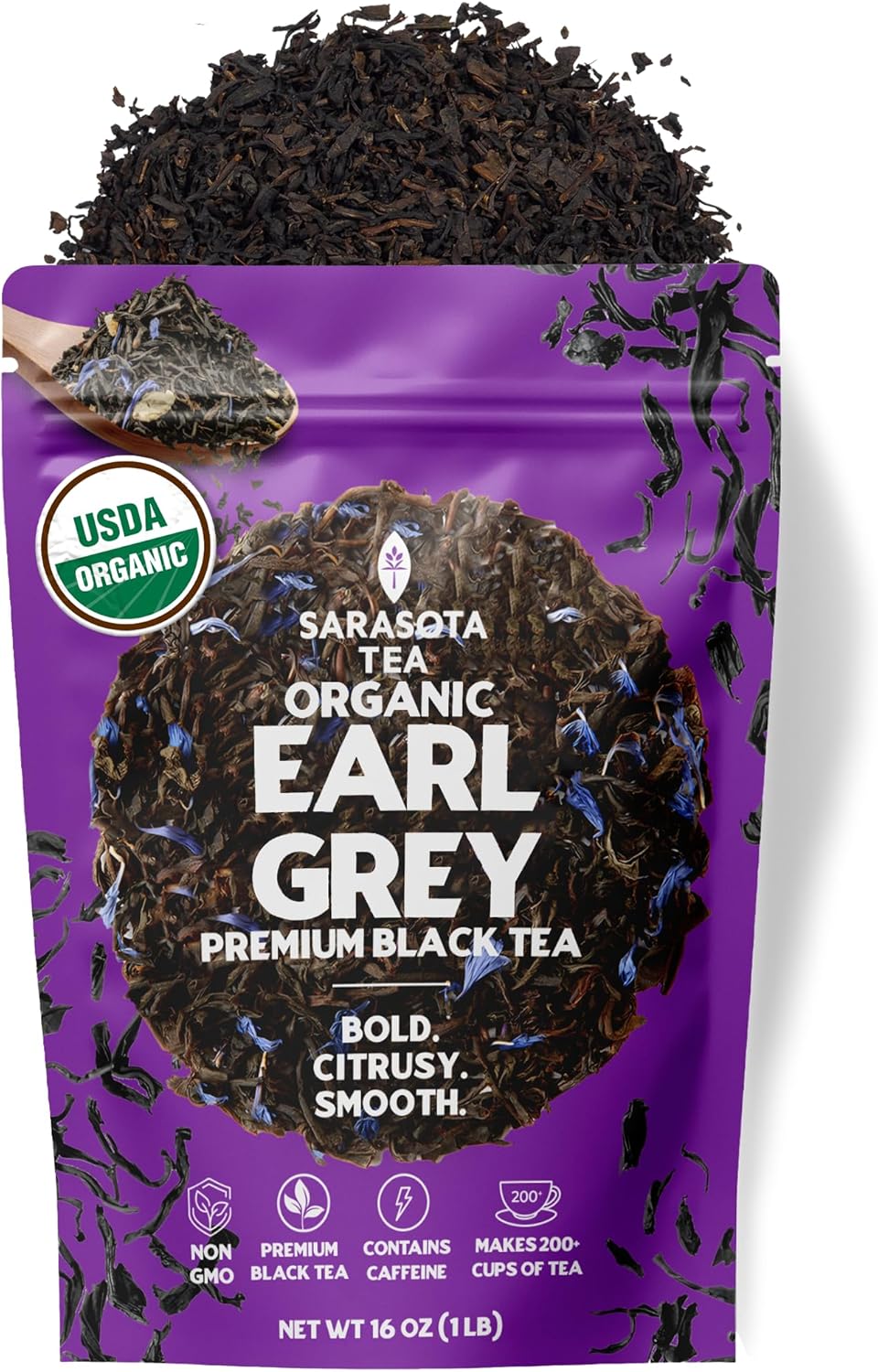 Organic Earl Grey Loose Leaf Black Tea | USDA Organic Bergamot Black Tea | Premium Full Leaf | 1 lb Bulk Bag (16 oz) | Smooth Citrus Aroma | Hot or Iced | Non-GMO